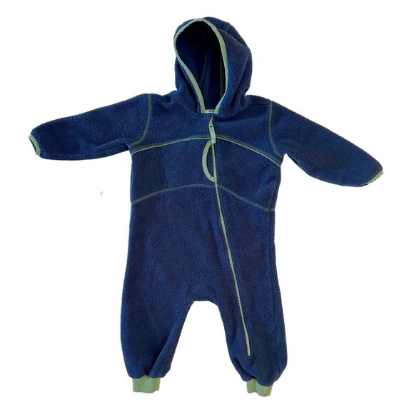LL Bean Fleece Bunting Snow Suit 12-18 MO Blue w/Green Trim Winter Full Zip Hood - Picture 1 of 6